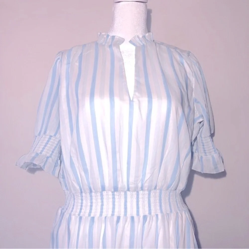 NWT J.Crew Women Blue/White Stripes Midi Dress with Puff Sleeve short. Size S